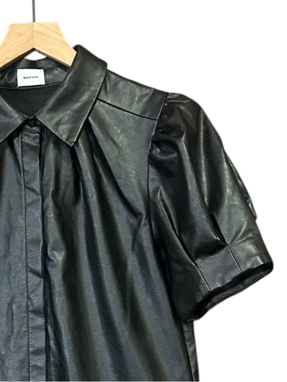 Aureum Black Faux Leather Puff Sleeve Mini Shirt Dress Size Medium - Picture 7 of 11